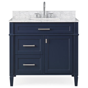 36 Inch Durand Modern Navy Blue Bathroom Sink Vanity with Stone Counter Top, Italian Carrara Top
