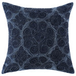 Company C - Starry Night Pillow, Indigo Kit, 22" x 22" - An artful design that celebrates the swirling depths of the nighttime sky on a canvas of overdyed indigo cotton. Raised medallions are fashioned with an intricate Indian embroidery technique called 'Kirin dori' that uses thin twisted cording to create dimensional beauty. Choose from a 22" square or 16"x26" rectangle.100% cotton with solid navy back and hidden zipper closure. Down/feather insert. Imported.