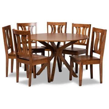 7 Piece Dining Set, Wooden Chairs With Scooped Seat & Cut Out Back, Walnut Brown