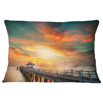 Wooden Bridge under Colorful Sky Sea Bridge Throw Pillow, 12"x20"