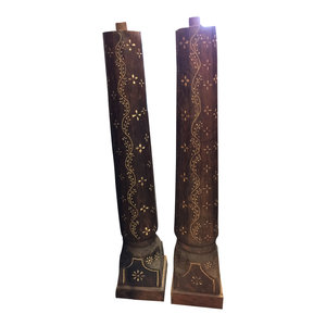 Mogulinterior - Consigned Antique Pillars Column Pair Bone Inlay Carved Teak Wood Furniture - Columns And Capitals