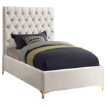 Meridian Furniture - Cruz Velvet Upholstered Bed, Cream, Twin - Revamp your bedroom space with this sumptuously crafted Cruz twin bed from Meridian furniture. The star of the show here is the headboardits tufted with deep button tufts that not only keep its thick padding in place and aloft, but also add a modern, textural look to your space. Sleek cream velvet upholstery feels luxuriously upscale to the touch, and the high headboard and the minimalist platform frame with metal feet add a timelessly contemporary silhouette to your space.