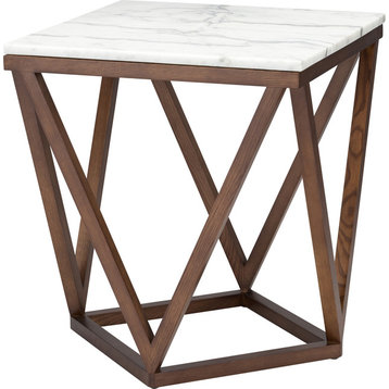 Jasmine Side Table, Modern Wooden Walnut End Table, Square Marble Top, White
