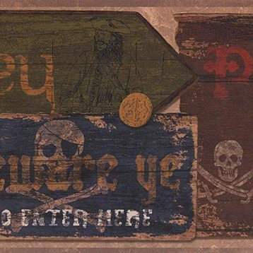 Vintage Pirates Theme Wallpaper Border Taupe Black 9"x15'