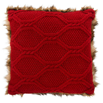 Safavieh Luccia Faux Fur Pillow, Brown Faux Fur/Red Knit, 20"x20"