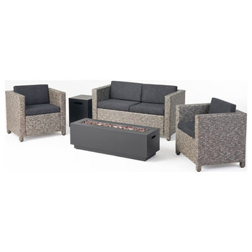 Puerta 4 Seater Wicker Set With Fire Pit, Mix Black/Dark Gray