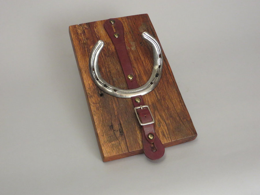 #R15039 Coat Rack Reclaimed Red Oak, horseshoes, leather.