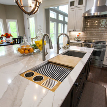 White Kitchen with Espresso Island, Galley Sink, Cambria Britannica Countertop