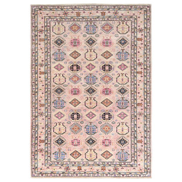Blush Pink, Afghan Super Kazak Wool Hand Knotted Oriental Rug, 6'0"x8'9"