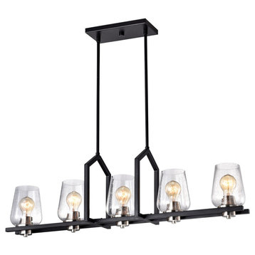 5-Light Black Wrought Iron Linear Kitchen Island Chandelier With Glass Shade