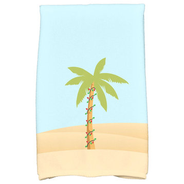 Palm Tree With Christmas Lights Holiday Print Kitchen Towel, Light Blue