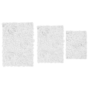 Bell Flower Collection 100% Cotton Tufted Non-Slip Bath Rugs, 3 Piece Set, White