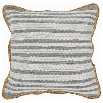 18" X 18" White Gray And Tan 100% Cotton Striped Zippered Pillow
