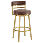 Armen Living - Madrid 26" Swivel Counter Stool, Gold Brushed Stainless Steel and Faux Leather, Brown, 30 Inch - Glam up your space with our sleek and charming Madrid Swivel Counter or Bar Height Stool in Metal and Faux Leather by Armen Living. The streamlined silhouette and elegant mixed materials of our barstool offer eye-catching style and comfort. Its curved and padded backrest provides comfortable support, while the round seat is upholstered with faux leather, for a smooth and chic look. Faux leather is stain, scratch, and water-resistant for easy care and maintenance. This barstool delivers a modern and minimalism aesthetic with the streamlined base and smooth, round seat. Its upholstered low back provides exceptional ergonomic support and comfort anywhere from your kitchen to your home office. The Madrid barstool exquisitely suits your kitchen island, pub table, home bar, or adjustable desk with its simple, armless design and smooth gliding 360-degree swivel function that allows for maximum mobility and convenience in tight spaces. The Madrid's legs are tipped with floor protectors, ensuring that the bar stool will not slip on or scratch hardwood or tile floors, making this a durable bar stool that will last for many years to come. The built-in circular footrest and cushions constructed from high-density foam and wrapped in soft faux leather upholstery will keep you comfortably seated for hours on end. The Madrid Swivel Counter or Bar Height Stool is available in: Gold Brushed Stainless Steel with Vintage Coffee, White, or Vintage Gray faux leather, or Brushed Stainless Steel with Red, Blue, Gray, White, or Black faux leather to elevate any corner of your home.