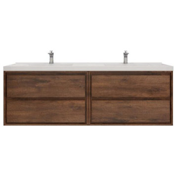 MOM 72" Wall Mounted Vanity With 4 Drawers and Acrylic Double Sink, Rose Wood