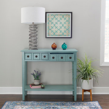 Farmhouse Console Table, 2 Storage Drawers With Round Antique Bronze Pulls, Teal