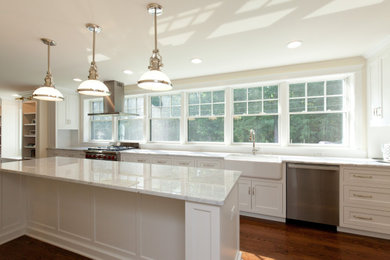 Example of a transitional galley dark wood floor eat-in kitchen design in Chicago with a farmhouse sink, shaker cabinets, white cabinets, quartzite countertops, stainless steel appliances and an island