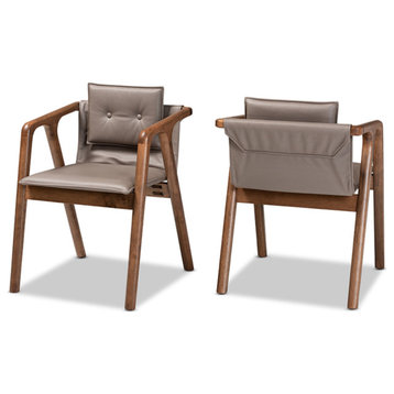 Gray Imitation Leather and Walnut Brown Finished Wood 2-Piece Dining Chair Set