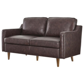 Loveseat Sofa, Brown, Leather, Modern, Mid Century Hotel Lounge Cafe Lobby