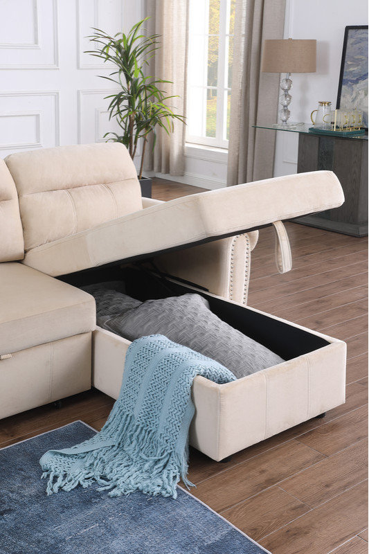 Ashton Velvet Fabric Reversible Sleeper Sectional Sofa Chaise ...