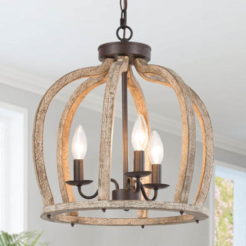 White-washed French Country Chandelier, Farmhouse Cage Wooden Chandelier