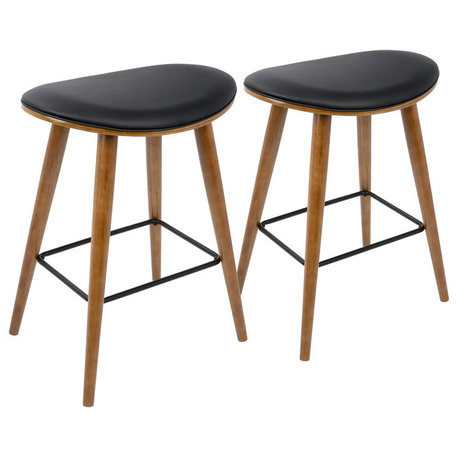 LumiSource Saddle Counter Stool, Walnut and Black PU Leather, Set of 2