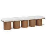 Meridian Furniture - Pavilion Black Boucle Fabric Bench, Cream, Walnut Brown Finish, 77.5" W X 18" D X 17.5" H - Bring valuable seating and remarkable style to your space with this cream Pavilion boucle fabric bench, an exquisite balance of style and usability for the entryway, bedroom, and beyond. Crafted from oak veneer with a walnut brown finish, this bench has a 4-inch-thick seat cushion that's channel-tufted for a touch of luxury. The bench's columnar bases add a dash of art deco design, making it a captivating focal point in any room.