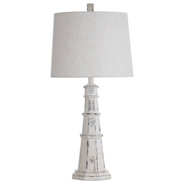 Berwyn Light House Table Lamp With Tapered Drum Shade, Distressed White