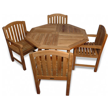 Teak Outdoor Dining Set, 48" Octagon Table and 4 Aquinah Chairs With Arm