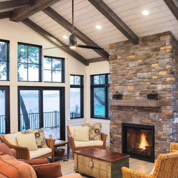 Elegant Farmhouse Interior with Rustic Mantle on Fireplace