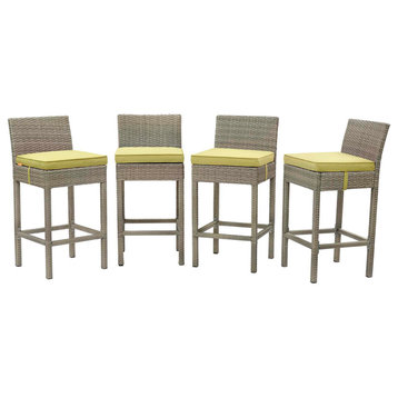 Contemporary Outdoor Patio Bar Stool Chair, Set of Four, Fabric Rattan, Green