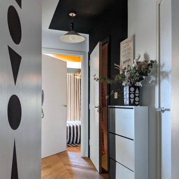 Black and White Colourblock Hallway with Shapes Mural