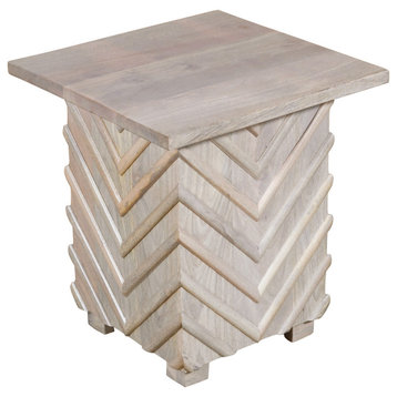 Zane Mango Solid Wood End Table With Zig-Zag Pattern, White Wash