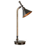 Uttermost - Uttermost Duvall Task Lamp - Metal Base Finished In A Plated, Oxidized Bronze Accented With A Wrapped Tea Stained Rope Around The Neck. Base Arm And Shade Pivots Up And Down.  Additional Product Information: Collection: Duvall Task Size (inches): 7.75Lx24Wx27.5H Item Weight (lbs): 5.5 Frame Finish: Metal Base Finished In A Plated Oxidized Bronze Accented With A Wrapped Tea Stained Rope Around The Neck. Base Arm And Shade Pivots Up And Down. Shade Description: METAL SHADE Shade Size (inches): Height: 4.75, Top: 0W x 0D, Bottom: 7.25W x 7.25D Material:  Metal And Fabric Country: China