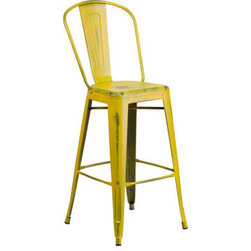 30" High Distressed Yellow Metal Indoor-Outdoor Barstool With Back