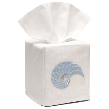 Linen Tissue Box Cover, Striped Nautilus Duck Egg Blue