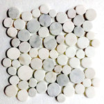 CNK Tile - Super White Moon Stone Penny Round Mosaic Tile - Mosaic tiles are carefully selected and hand-sorted according to color, size and shape in order to ensure the highest quality pebble tile available. The stones are attached to a sturdy mesh backing using non-toxic, environmentally safe glue. Because of the unique pattern in which our tile is created they fit together seamlessly when installed so you can't tell where one tile ends and the next begins!