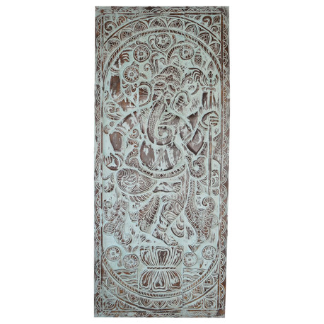 Consigned Vintage Carved Panel Door Blue Ganesha Wooden Wall Art 83x36