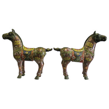 Consigned Chinese Brown Enamel 2-Piece Cloisonne Metal Horse Figure Set