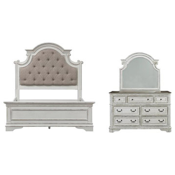 2 Piece Bedroom Set with King Bed and Mirror Dresser in Antique White
