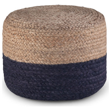 Lydia Boho Round Pouf In Navy, Natural Braided Jute