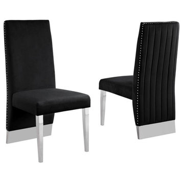Black Tufted Velvet Accent Side Chairs with Silver Chrome Detailing (Set of 2)