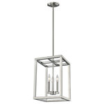 Generation Lighting Collection - Moffet Street Small 3-Light Hall/Foyer, Brushed Nickel - The Moffet Street Collection offers a distinctive take on a rustic theme. Built in broad steel frames with hand-applied finish that mimics natural wood. This combination of rustic and urban fits comfortably in a wide variety of environments. The sharp, squared lines of the frame complement a wide variety of settings. The collection includes eight-light foyer, four-light foyer, one- light wall sconce, and a six-light island fixture. The Moffet Street Collection is available in three beautiful finishes Washed Pine, Brushed Nickel and Satin Bronze All fixtures are California Title 24 compliant and damp rated for use in sheltered, damp environments.