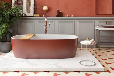 Design ideas for a mid-sized scandinavian master bathroom in Miami with a freestanding tub and a vessel sink.