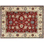 Bareens Designer Rugs - Shabby Chic Ziegler Kareem Red Ivory Hand-Knotted Wool Rug - 8'3'' x 9'7'' - Enhance the ambiance of your home with this magnificent Persian-influenced Turkish hand-knotted rug made by skilled artisans capable of creating the most exceptional vegetable dyes and hand-spun wool. This exquisite handmade rug is a one-of-a-kind Peshawar Kafkaz, otherwise identified as Chobi, Chobi Peshawar, Oushak, or Ziegler rug. These handmade rugs are crafted in Pakistan utilizing superior-quality wool imported from Australia, New Zealand, and Korea in two types of weaves: the Persian weave and the Mori weave. This rug is meticulously crafted by hand using the finest natural vegetable dyes extracted from local plants. The artisans use a blend of hand-spun local and fine merino wool, resulting in a rug with a compelling texture, higher lanolin content, and longer staple. The artisans occasionally incorporate natural or artificial silk into the pile to enhance specific motifs. The finished product is an awe-inspiring execution of flawless design and an understated palette that exudes elegance.
