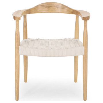Lima Mid-Century Modern Ash Wood Accent Chair With Olefin Rope Seat, Matte White/Natural
