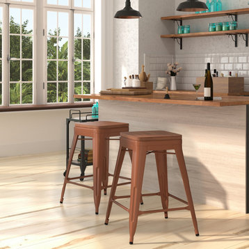 24" Counter Height Copper Metal Dining Stool With Wooden Seat