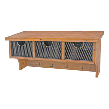 Brown Rustic Wooden Wall Shelf with 3 Drawers and Hooks