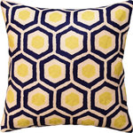 Kashmir Designs - Contemporary Honeycomb Navy Yellow Decorative Pillow Cover Handmade Wool 18x18" - Kashmir is proud to bring together the modern abstract vector design pillow cover collection, hand embroidered by the finest artisans of Kashmir, into the living spaces of patrons and connoisseur all around the world. These unique, seamless and modern pillow covers would bring together the artistic elements of any room, creating a harmonious design and perfect air of sophistication.