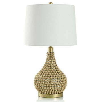 Medero Beaded Table Lamp Fir Wood Beaded and Matte Gold Body Off-White Shade
